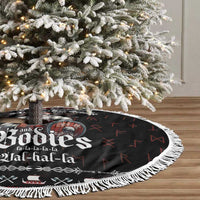 Black oval-style tree skirt with Viking print and white fringe trim on floor