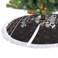 Black round tree skirt set with Viking graphic and white tassel fringe edge