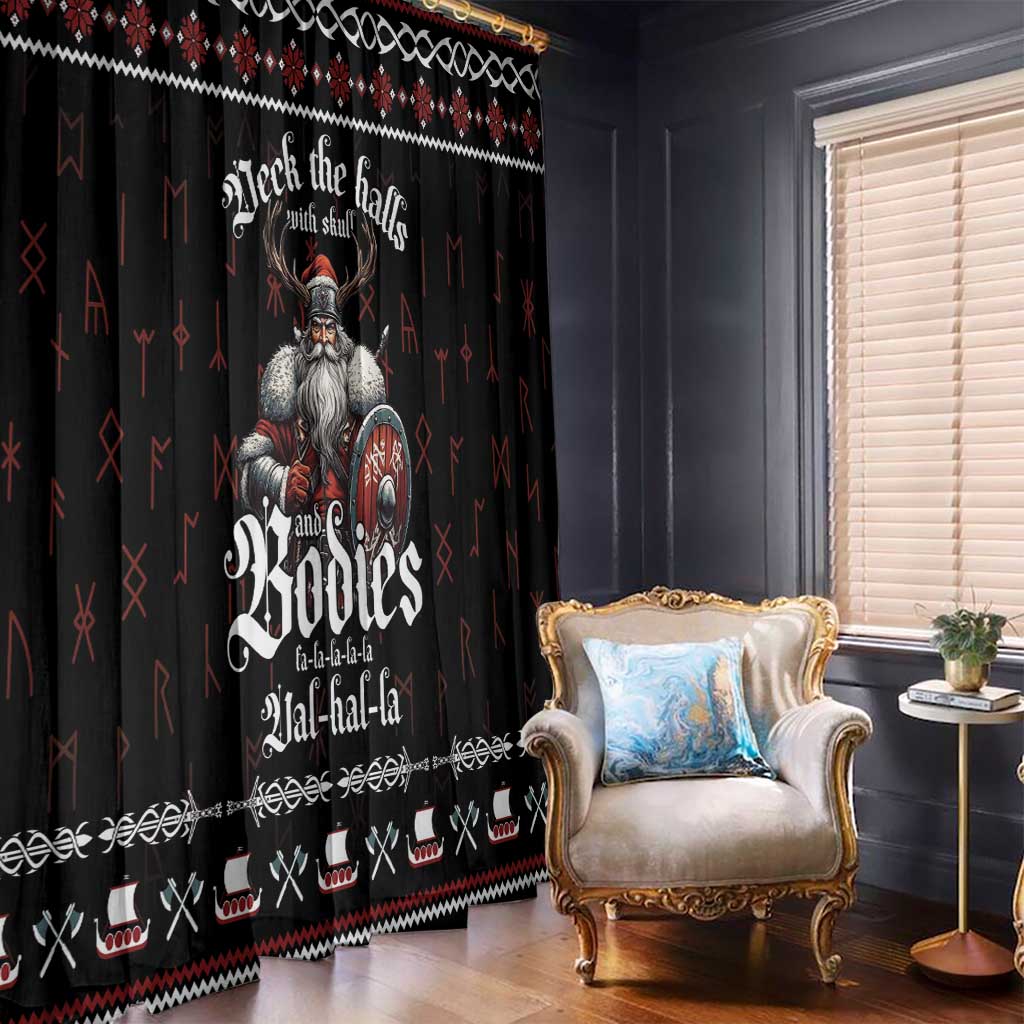 Black Christmas curtain with Viking figure print and red cross-and-rune pattern