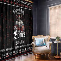 Black Christmas curtain with Viking figure print and red cross-and-rune pattern