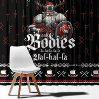 Black Christmas window curtain close-up with Viking king portrait and holiday text