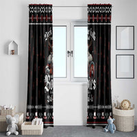 Black Christmas window curtain pair with Viking artwork and red accent pattern