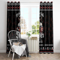 Black Christmas curtains with Viking print, red motifs, and patterned border hem