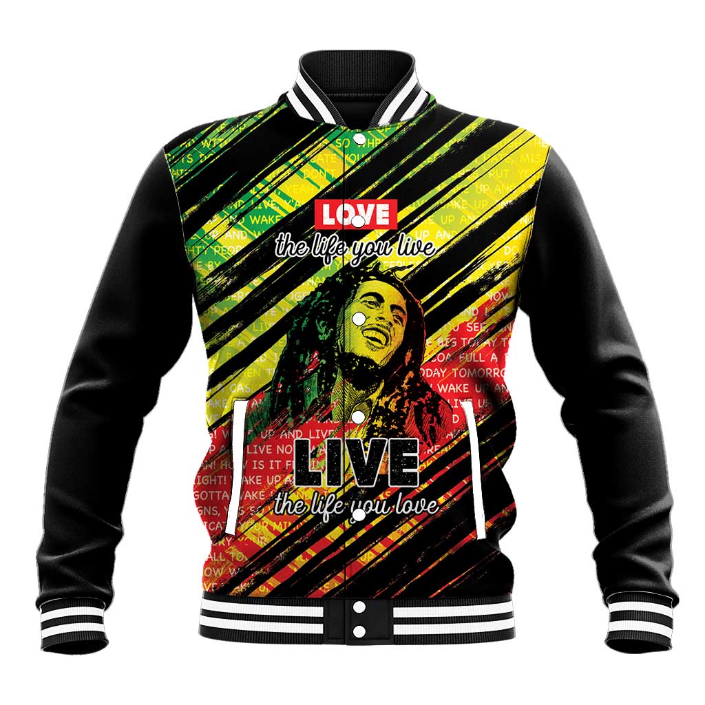 Unisex black baseball jacket with striped reggae graphic, ribbed collar and snap front