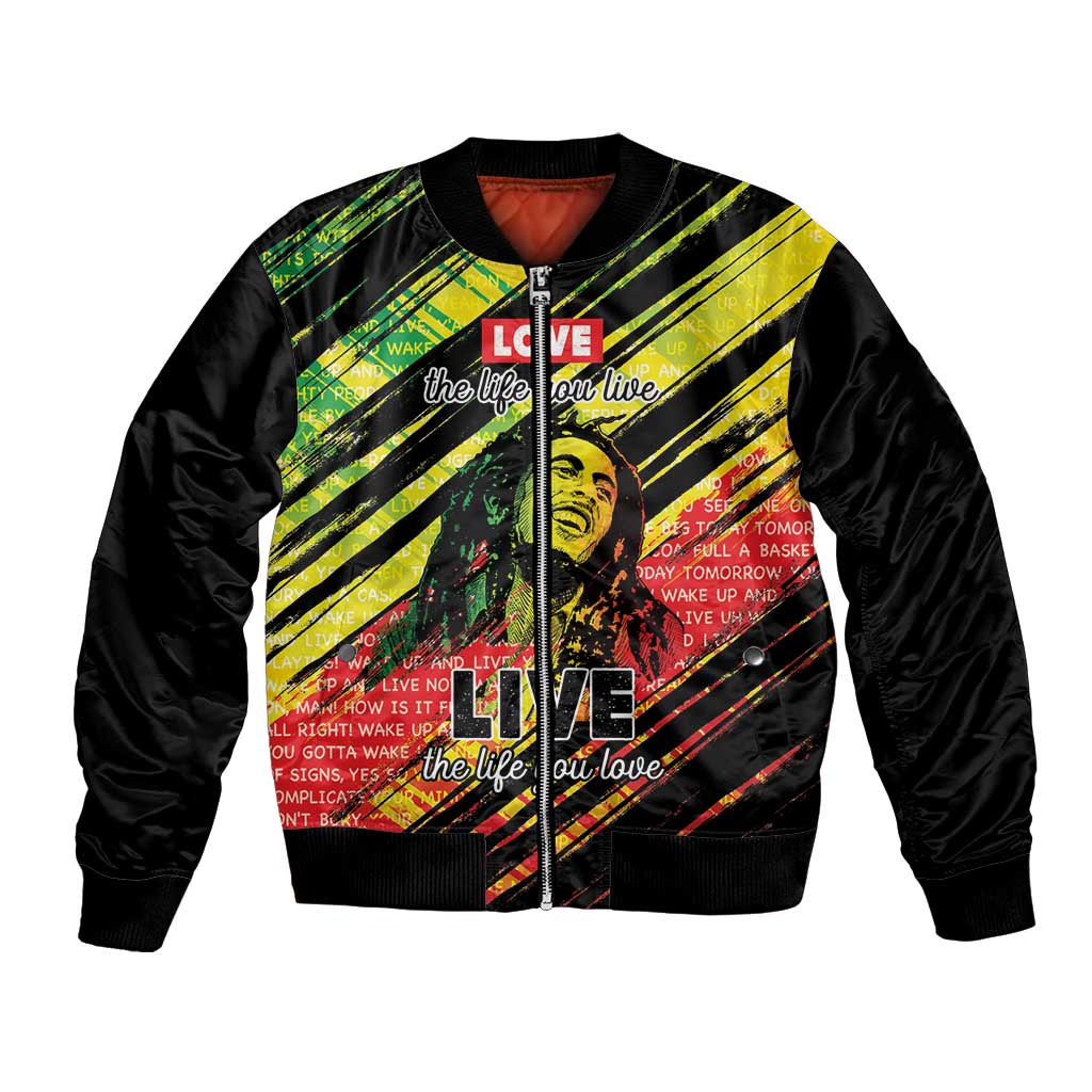 Unisex black bomber jacket with neon green and yellow reggae graphic front and sleeves