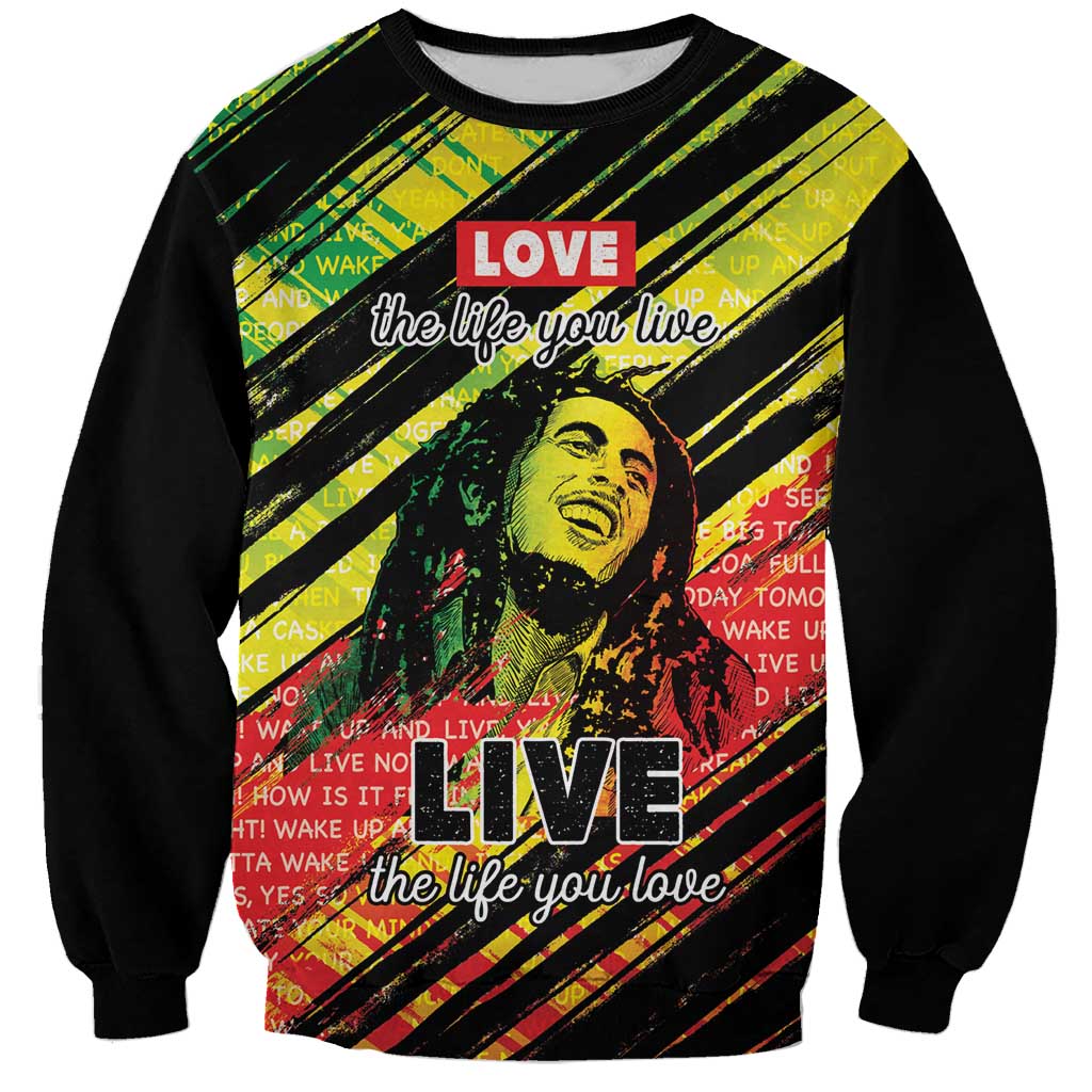 Unisex black sweatshirt with reggae-striped graphic, portrait and "LOVE" slogan