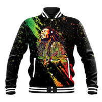 Unisex black baseball jacket with ribbed collar and large front graphic print