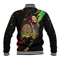 Unisex black baseball jacket with ribbed hem and back graphic lettering