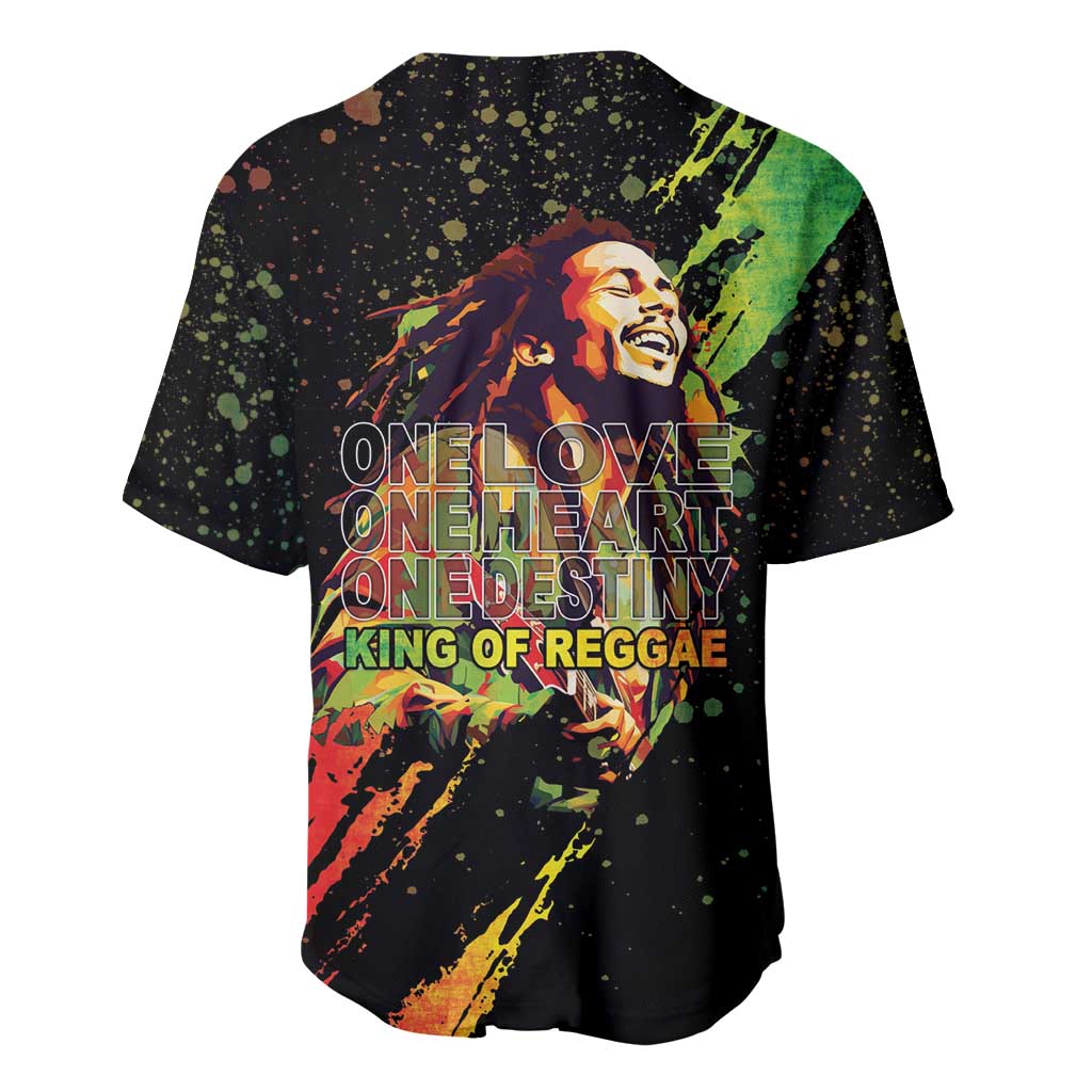 Black baseball jersey with V-neck and button placket, colorful reggae graphic back