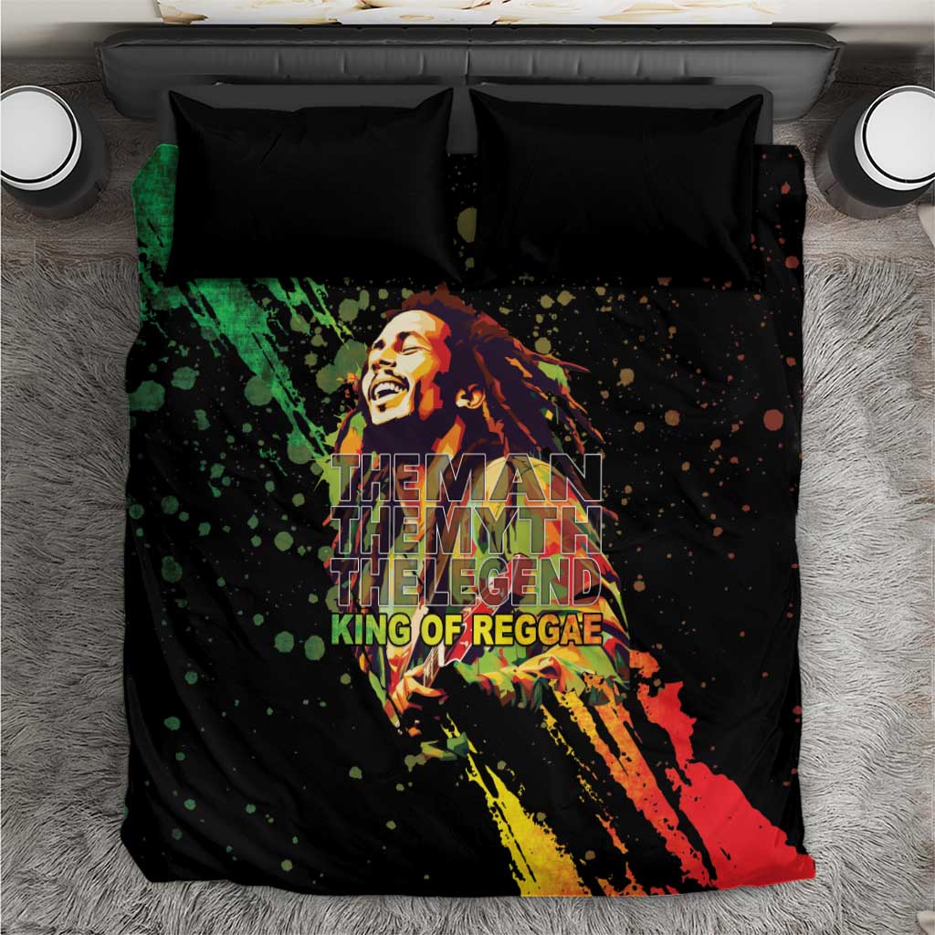 Black bedding set with colorful reggae portrait print and two black pillowcases