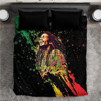 Black bedding set with colorful reggae portrait print and two black pillowcases