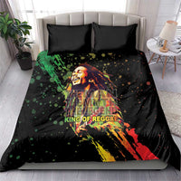 Black duvet bedding set with colorful reggae portrait print, plus two black pillows