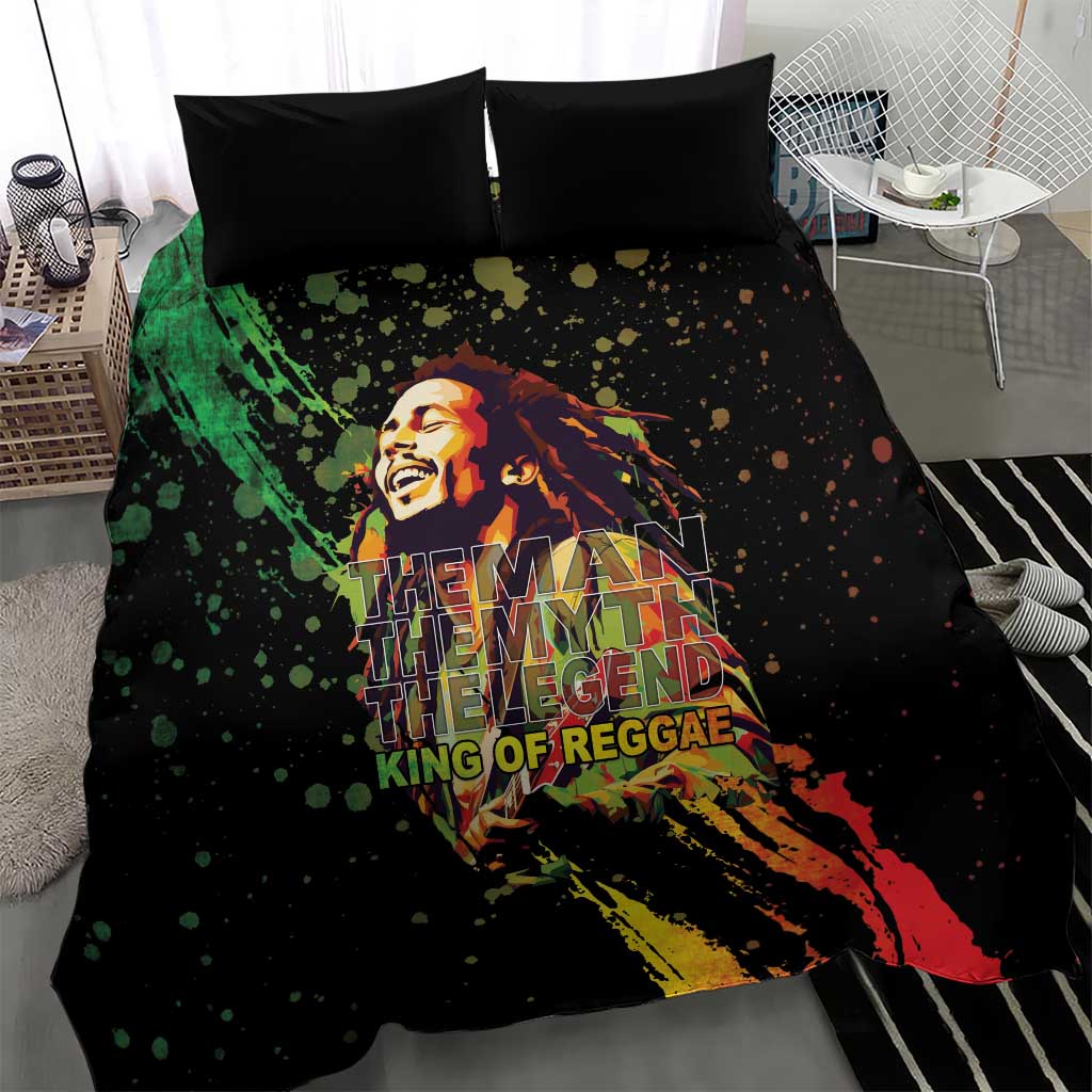 Black duvet cover bedding set featuring reggae portrait and splatter-style color design