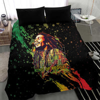 Black duvet cover bedding set featuring reggae portrait and splatter-style color design