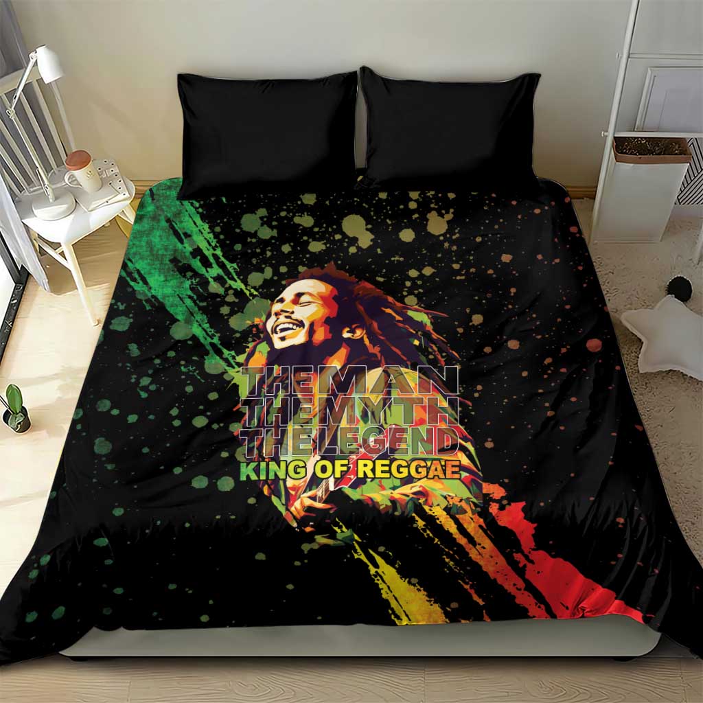 Black bedding set with colorful reggae portrait print and two matching black pillowcases