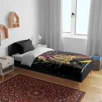 Black duvet bedding set with reggae portrait print, shown with two black pillowcases