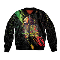Unisex black bomber jacket with front zip and colorful splatter reggae king graphic