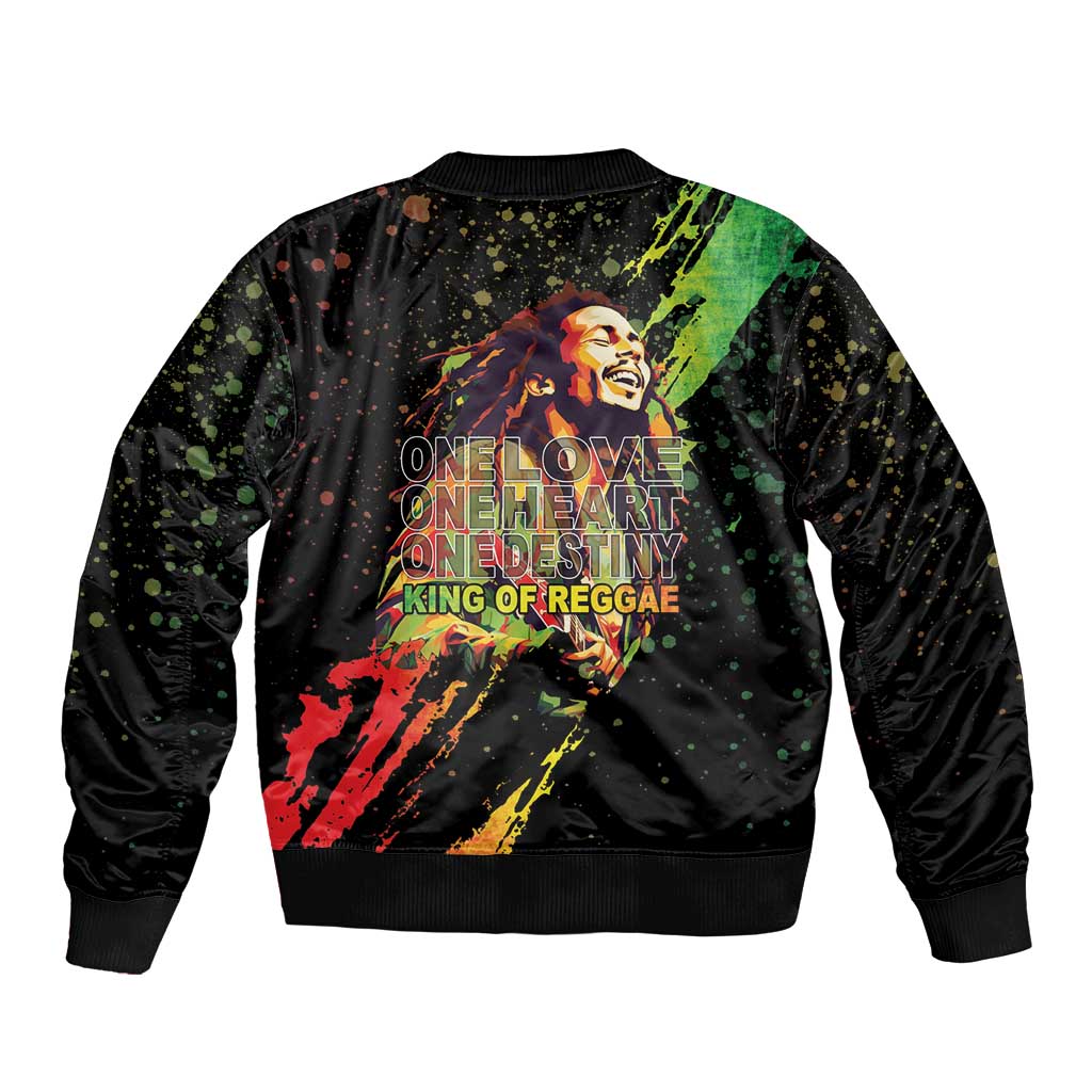 Unisex black bomber jacket with back text graphic, splatter and graffiti-style colors