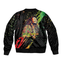 Unisex black bomber jacket with back text graphic, splatter and graffiti-style colors