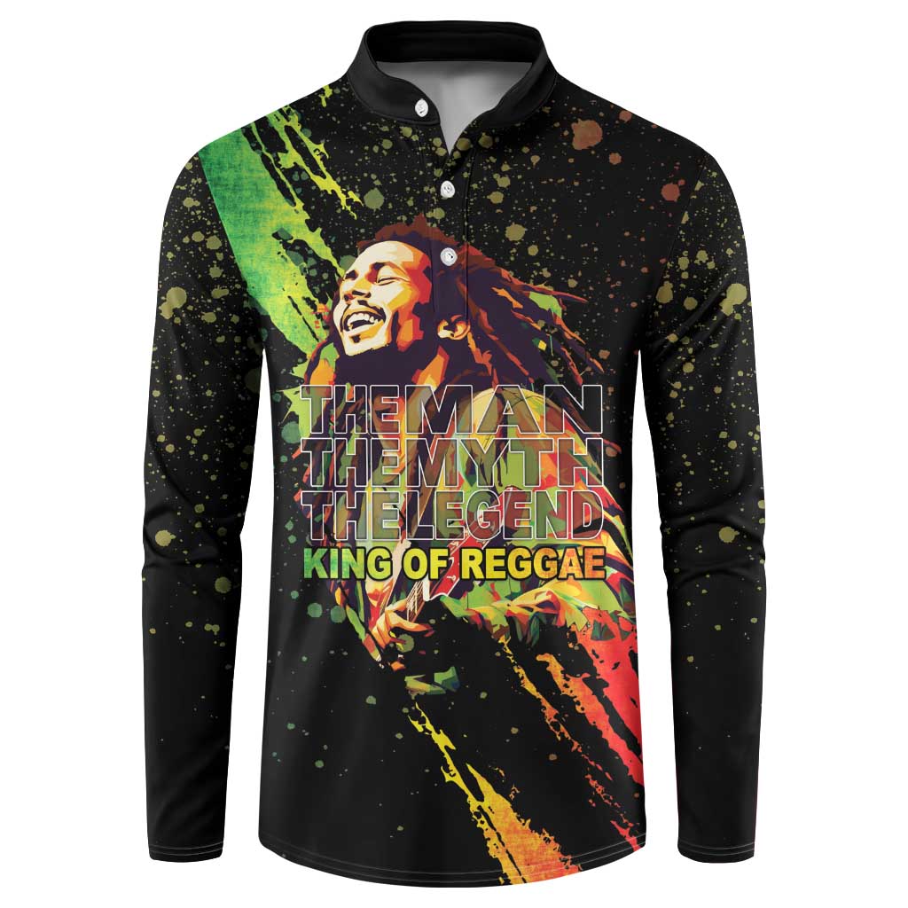 Black long-sleeve button sweatshirt with colorful musician graphic on front