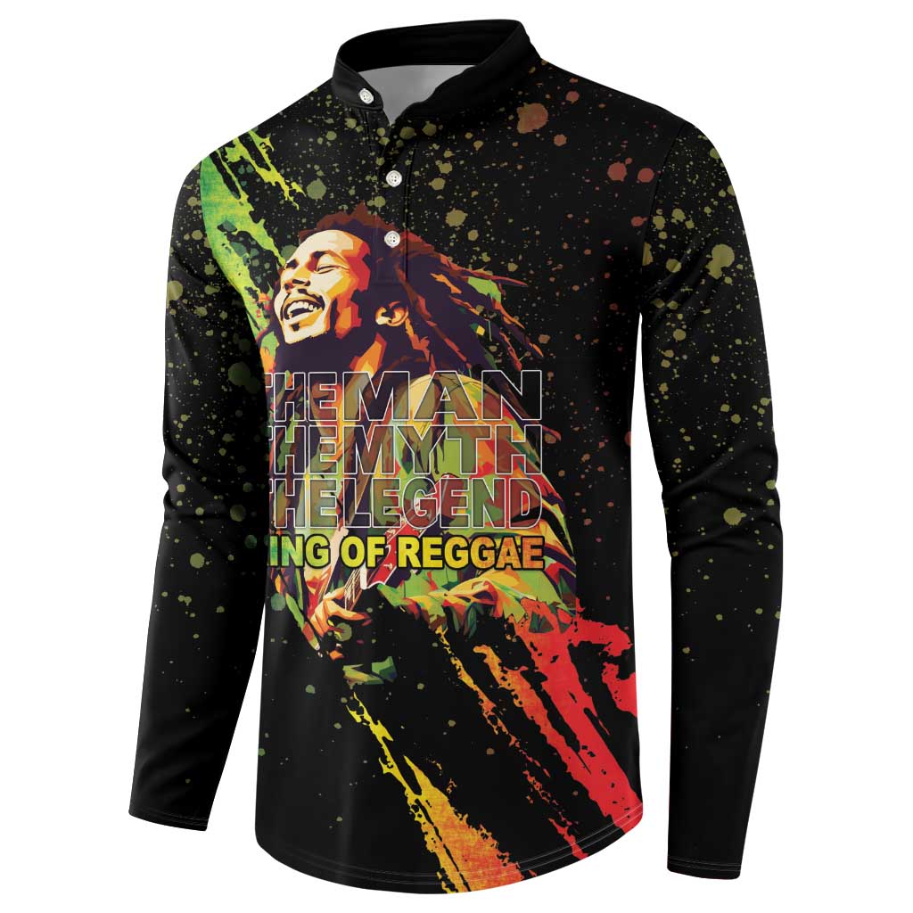 Black long-sleeve button sweatshirt with front graphic print and button placket