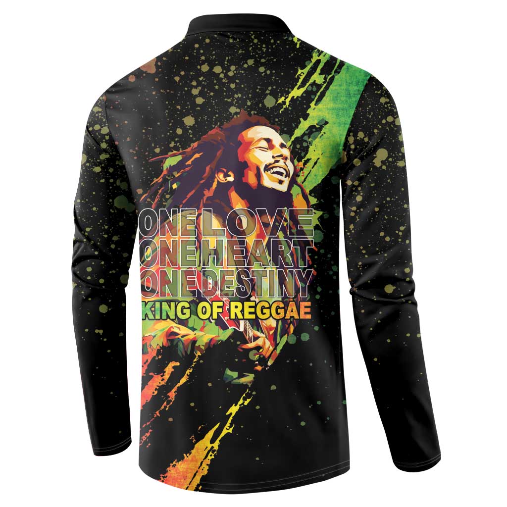 Black long-sleeve button sweatshirt with One Love text and musician graphic on back