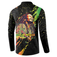 Black long-sleeve button sweatshirt with One Love text and musician graphic on back