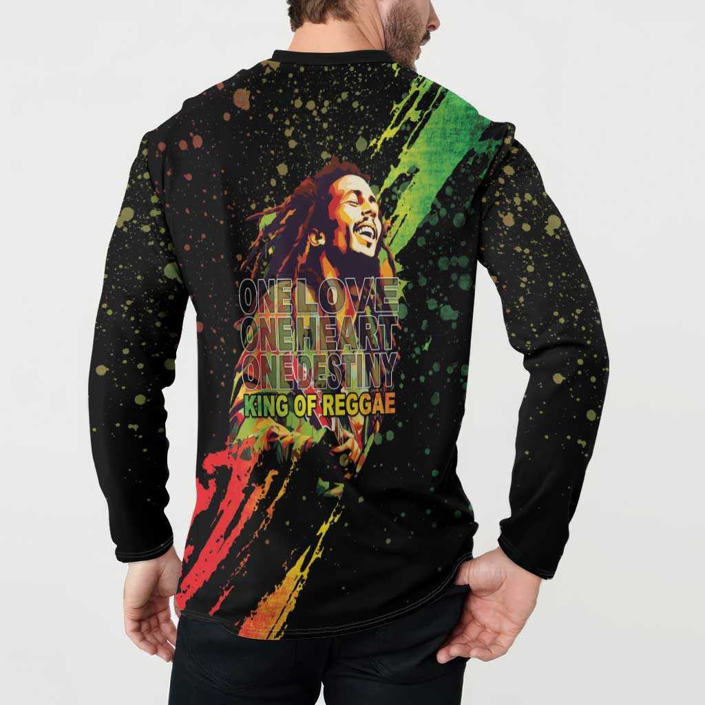 Black long-sleeve button sweatshirt with back text and colorful splatter accents