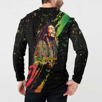 Black long-sleeve button sweatshirt with back text and colorful splatter accents