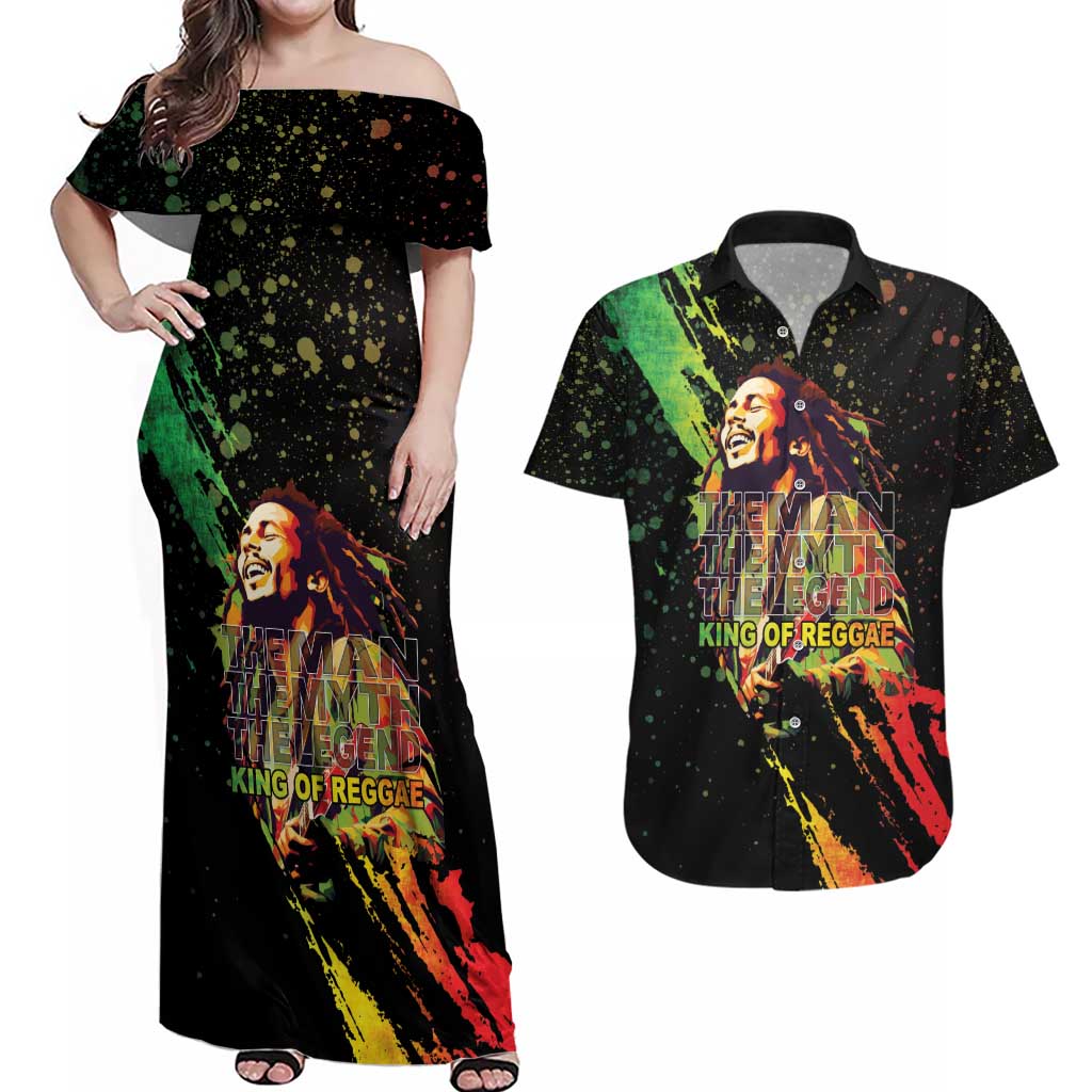 Legend Bob Couples Matching Off Shoulder Maxi Dress and Hawaiian Shirt One Love Heart Destiny