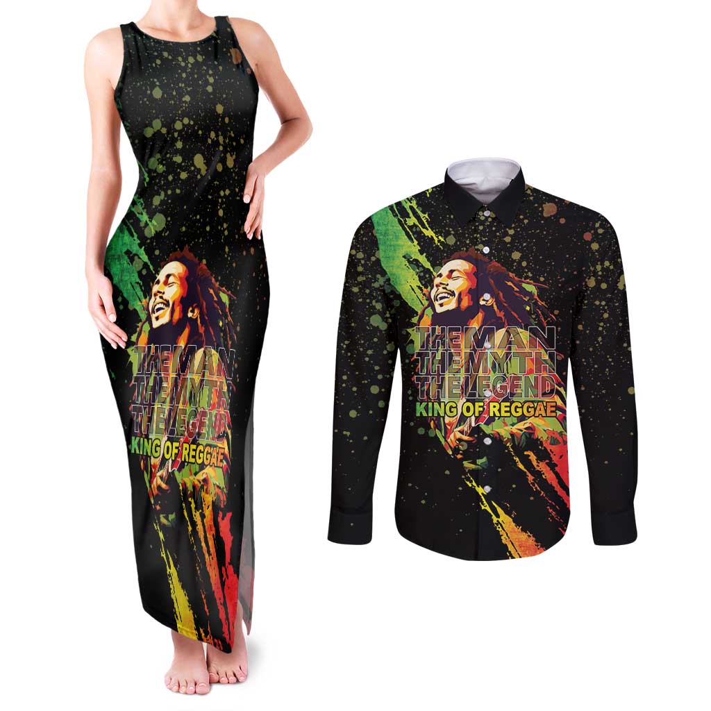 Legend Bob Couples Matching Tank Maxi Dress and Long Sleeve Button Shirt One Love Heart Destiny