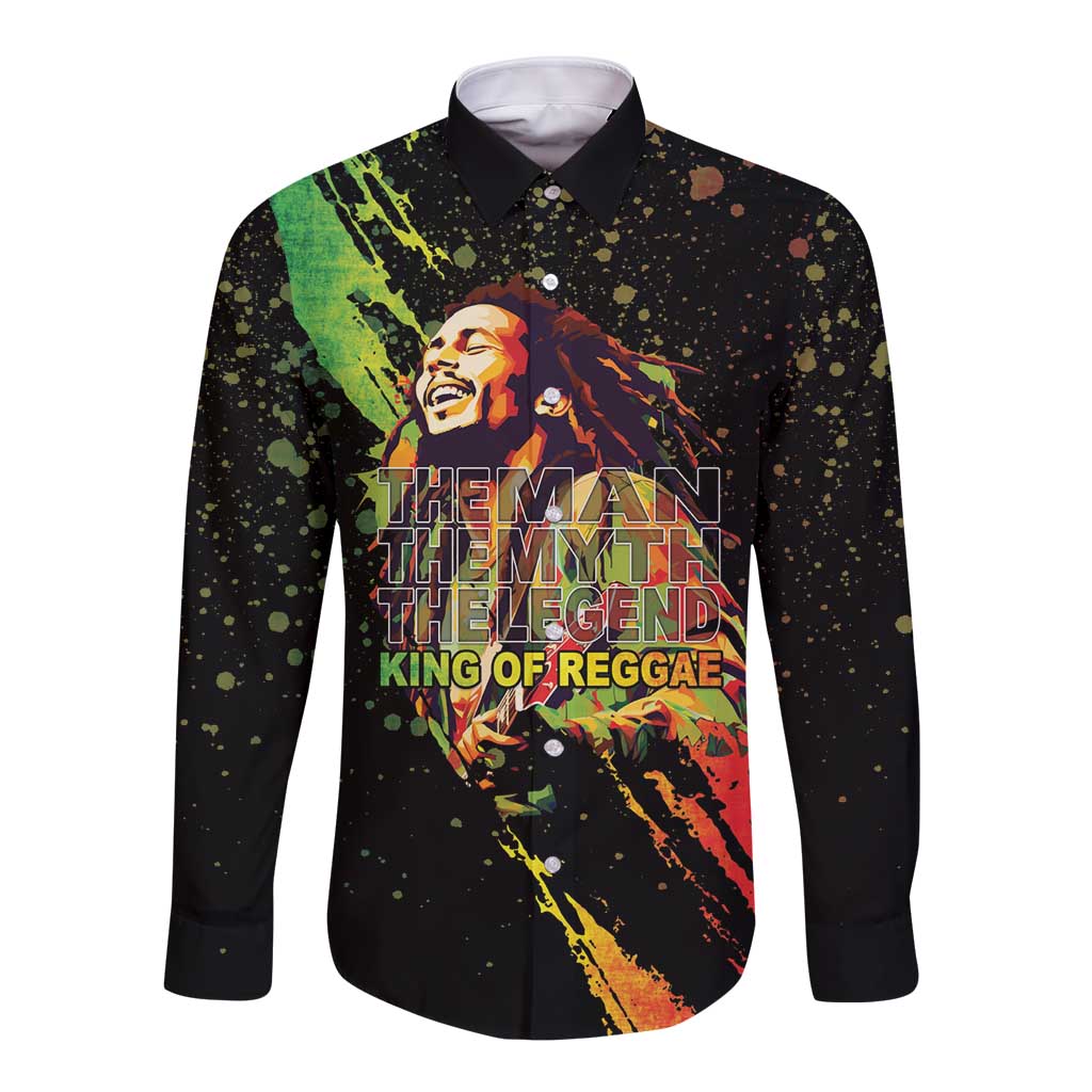 Unisex black long-sleeve button shirt with front reggae graphic and crew-style collar