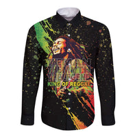 Unisex black long-sleeve button shirt with front reggae graphic and crew-style collar