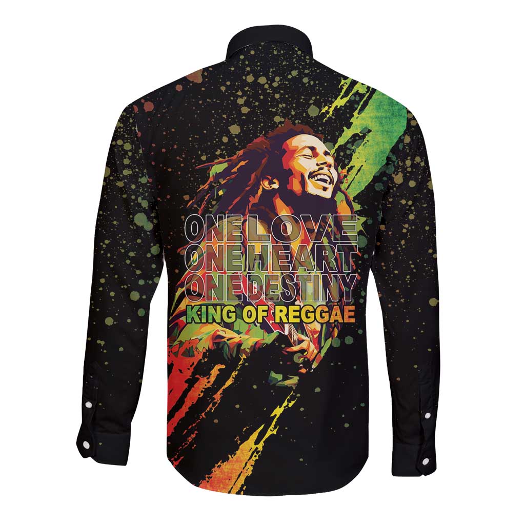 Unisex black long-sleeve button shirt with back reggae graphic, text and splatter accents