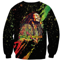 Unisex black crewneck sweatshirt with reggae king graphic and One Love One Heart One Destiny back