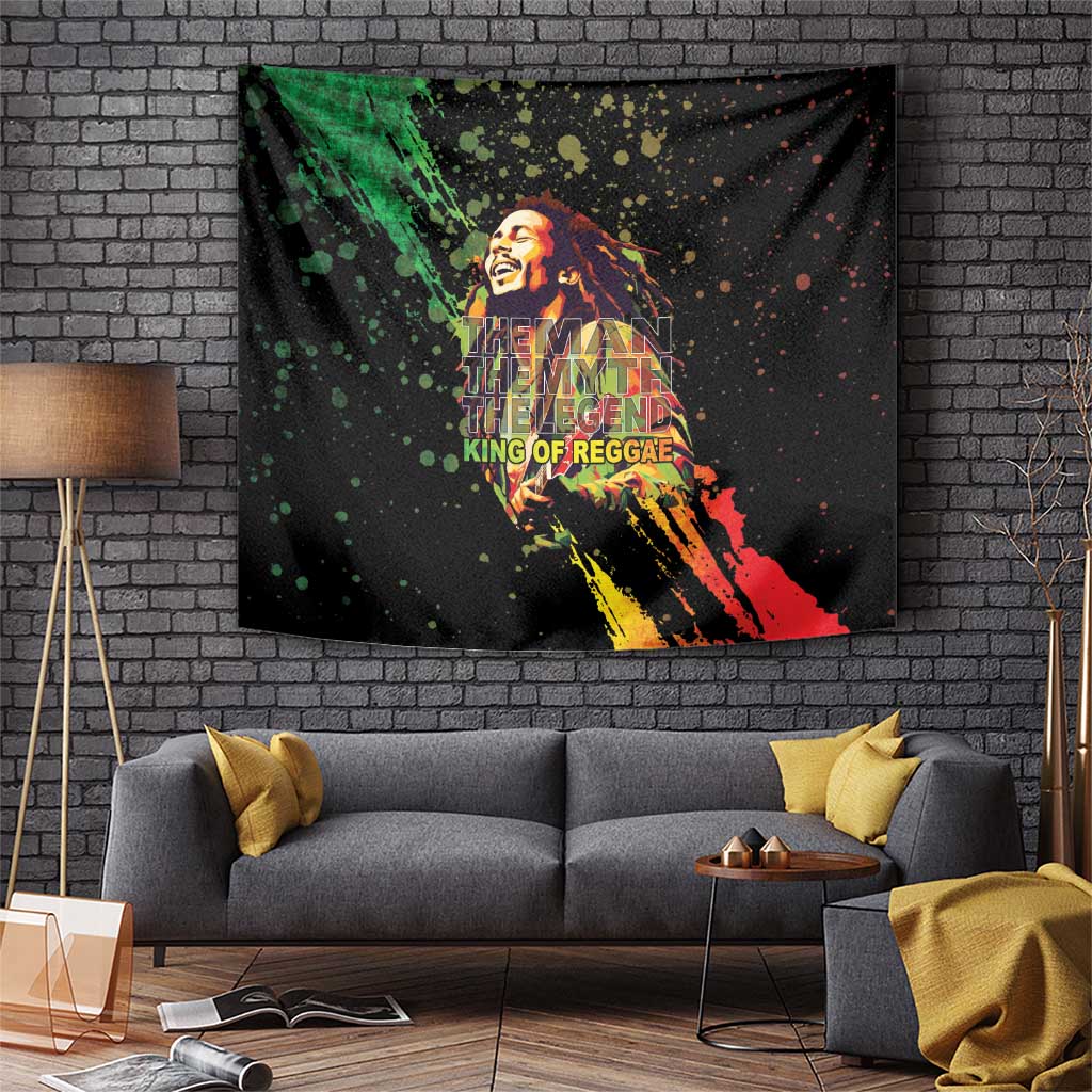 Black tapestry wall hanging with colorful reggae portrait and 'King of Reggae' text