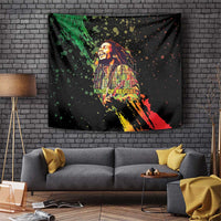 Black tapestry wall hanging with colorful reggae portrait and 'King of Reggae' text