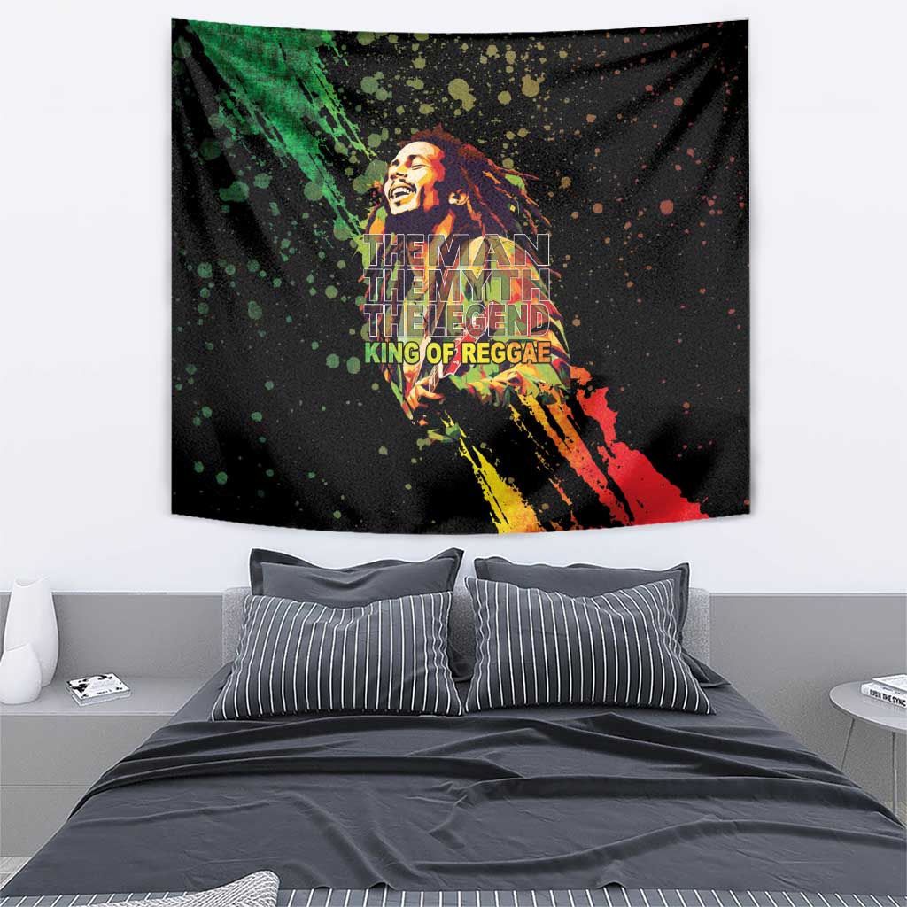 Black tapestry wall hanging featuring reggae portrait with 'King of Reggae' lettering