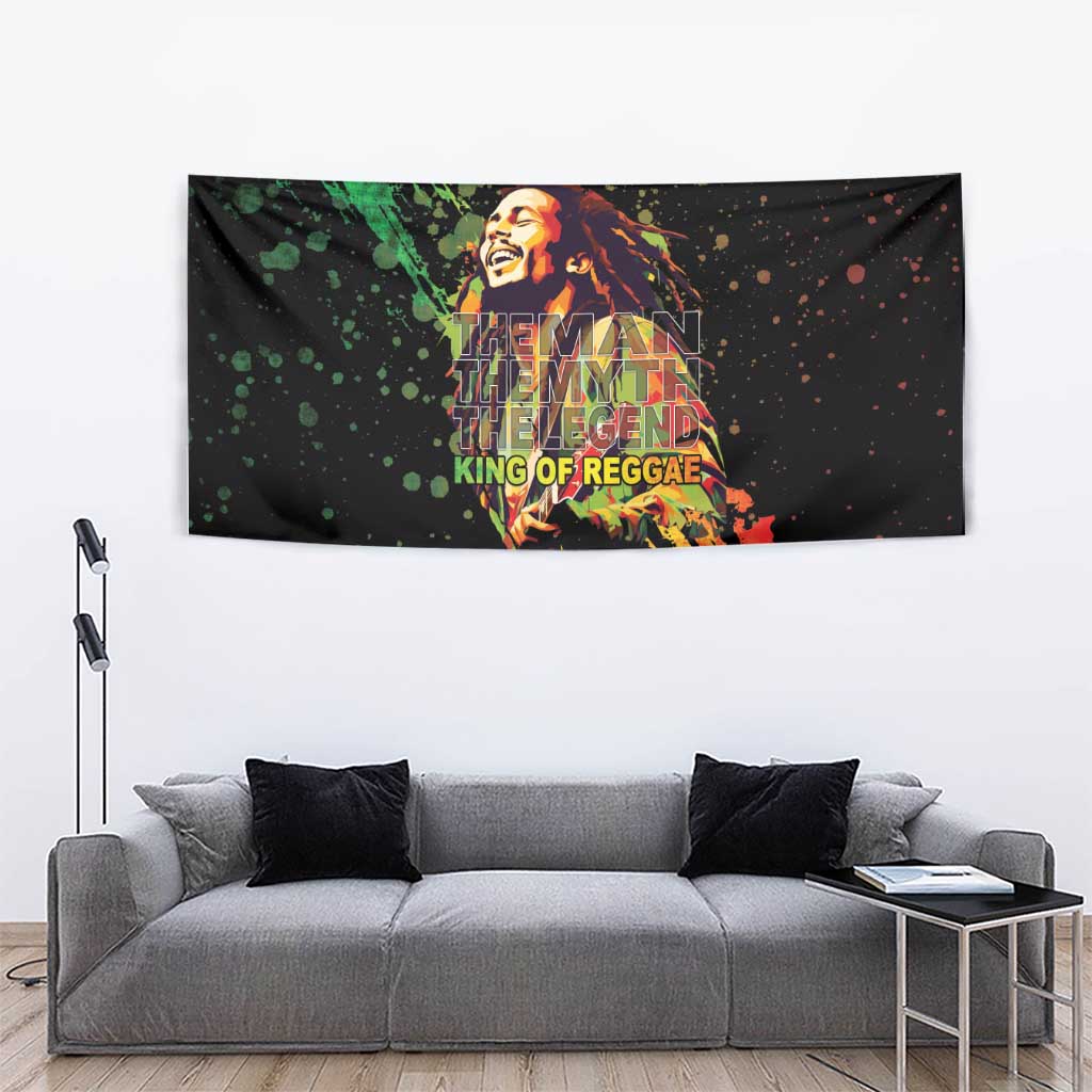 Black tapestry wall hanging with reggae singer artwork and 'King of Reggae' phrase