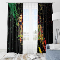 Black window curtains set with reggae musician artwork and red-yellow-green paint splatter