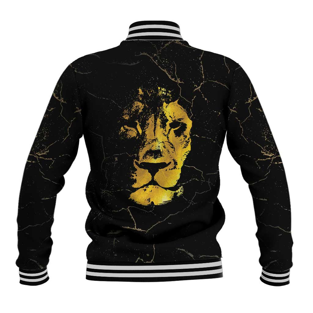Black baseball jacket with large gold portrait graphic, striped ribbed collar and hem.