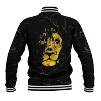 Black baseball jacket with large gold portrait graphic, striped ribbed collar and hem.