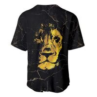 Black baseball jersey with large gold portrait print on back, short sleeves