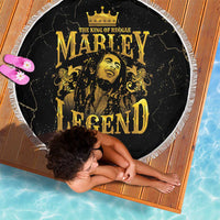 Round black beach blanket with gold crown “Marley Legend” design and white fringe