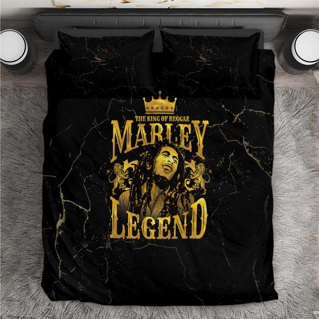 Black bedding set with gold Marley Legend graphic on duvet and matching pillowcases