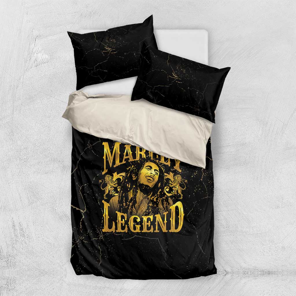 Black duvet bedding set with two pillowcases and gold Marley Legend print