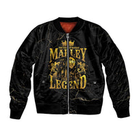Unisex bomber jacket, dark fabric with gold front zip and Marley-style graphic