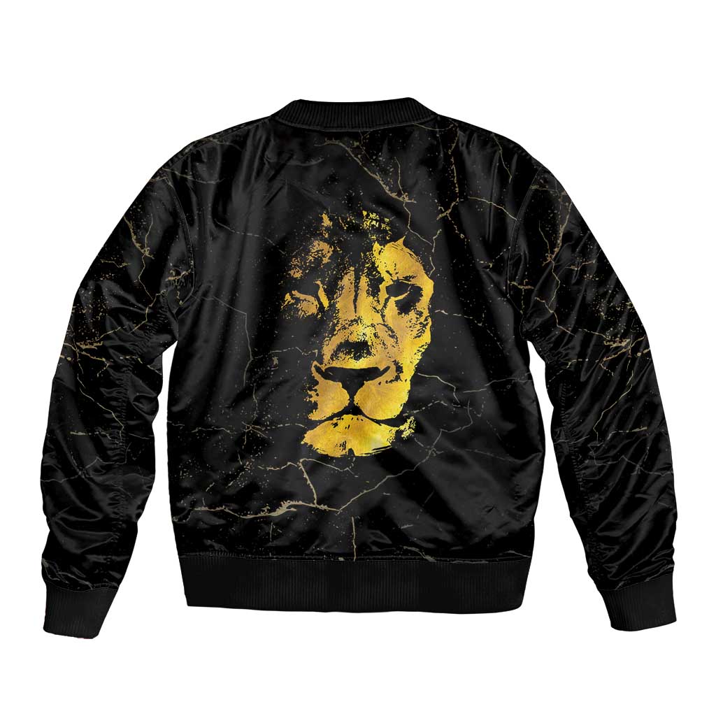 Unisex bomber jacket, dark with gold back portrait print and ribbed hem