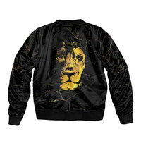 Unisex bomber jacket, dark with gold back portrait print and ribbed hem