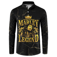Black long-sleeve button sweatshirt with gold graphic print on chest